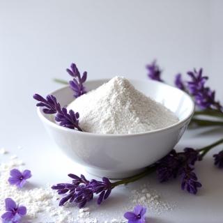 Bol de bicarbonate de soude avec des brins de lavande.