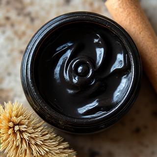 Pot de savon noir à l'huile d'olive avec une brosse en bois.