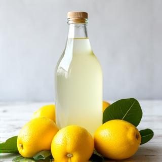 Bouteille de vinaigre blanc avec des citrons frais.